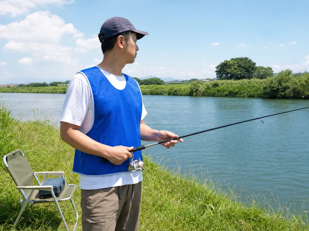 青い冷却ベストを白いTシャツの上に着て夏の河原で釣りをする人