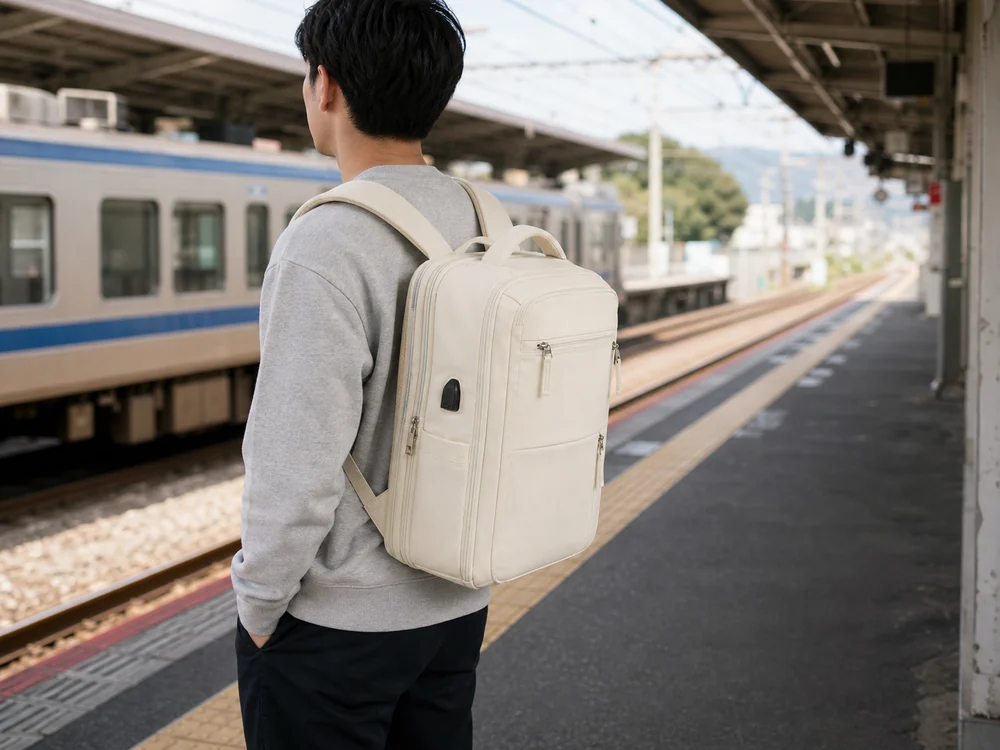 駅ホームで少し拡張したベージュのトラベルバックパックを背負う旅行者