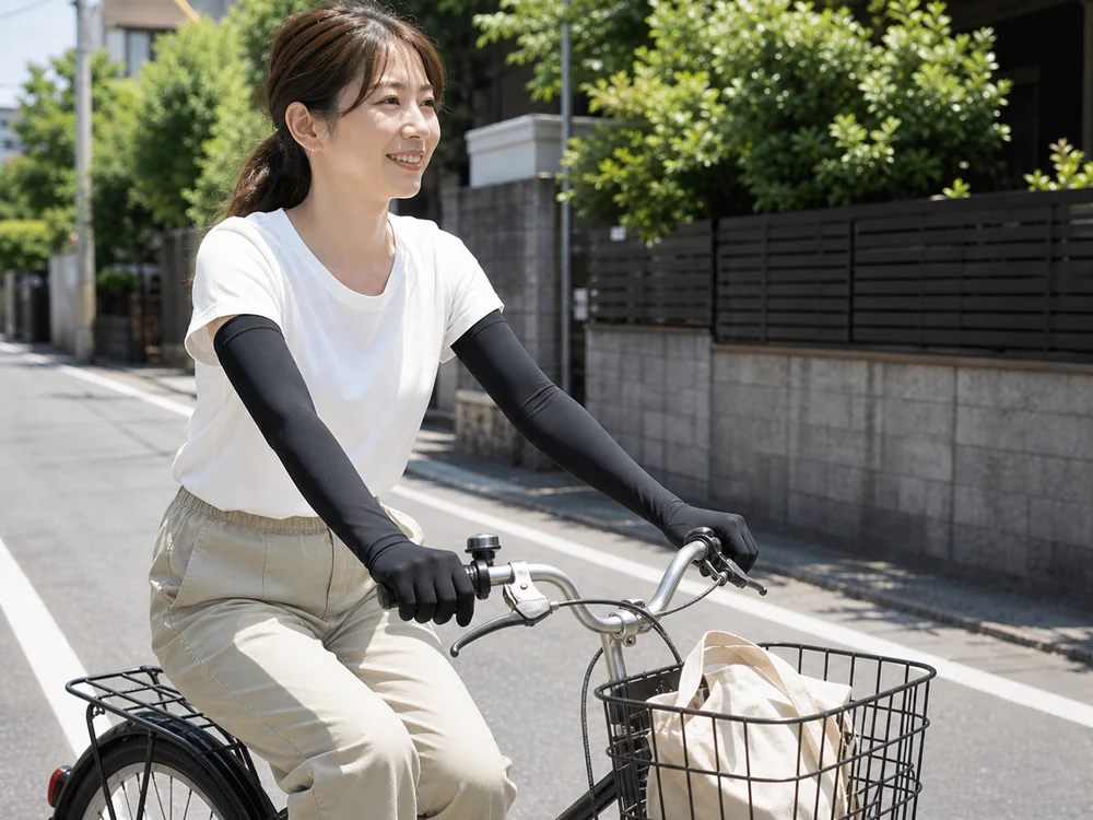 真夏の住宅街で黒い指先一体型アームカバーを着けて自転車を運転する女性