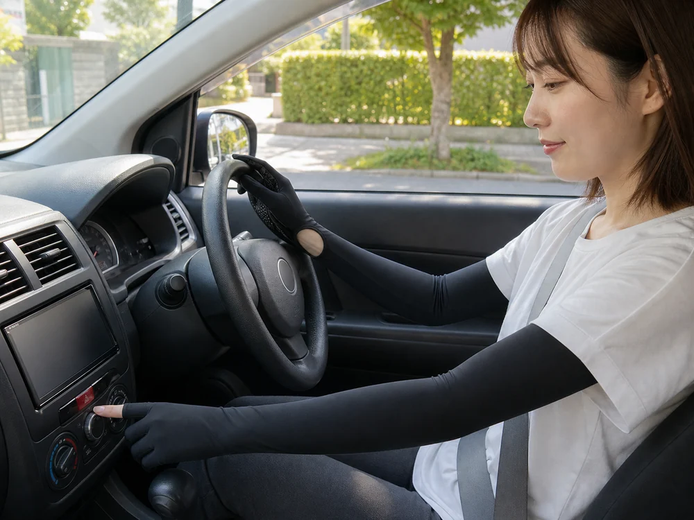 停車中の車内で黒いロングアームカバーを着け片手でハンドルを握り指先を出して空調を操作する女性