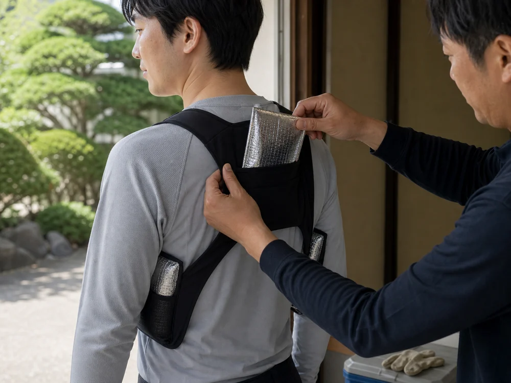 黒いアイスベストの背中ポケットへ銀色の保冷剤を入れる様子