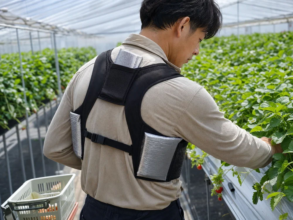 ビニールハウスでアイスベストを着けてイチゴを手入れする男性