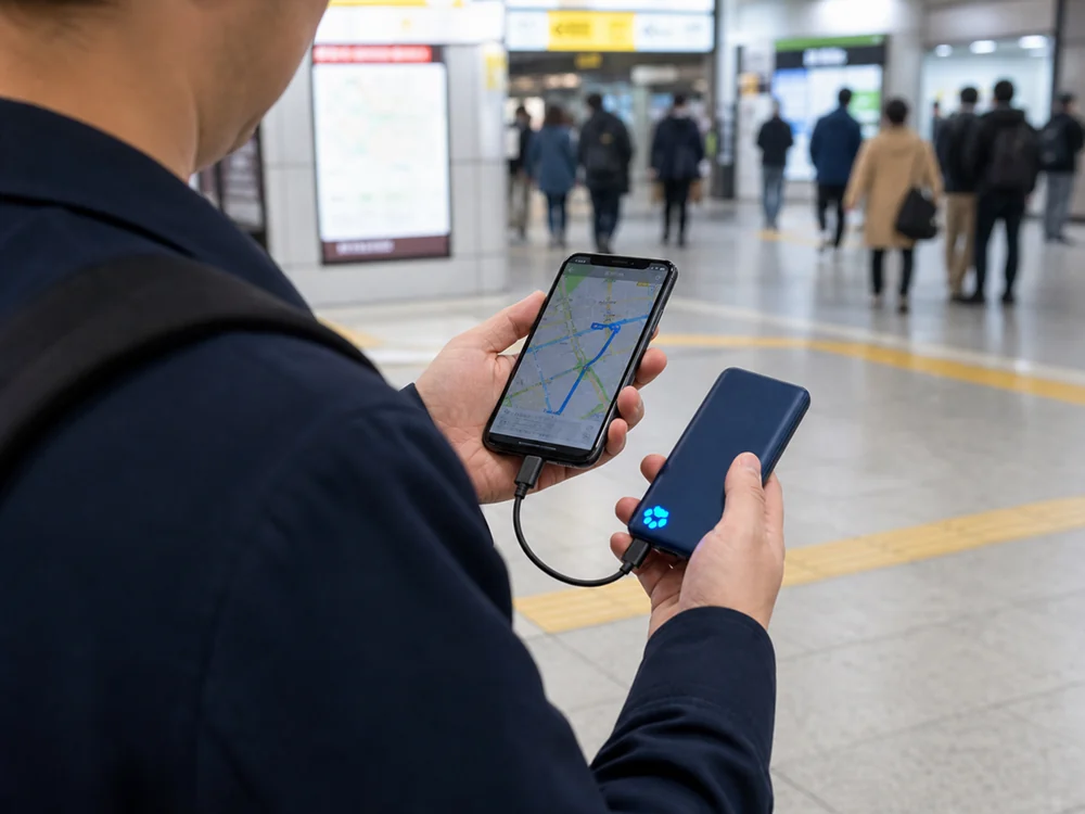 駅構内で薄型の青いモバイルバッテリーをスマホにつないで地図を確認する様子