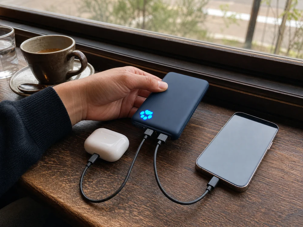青いモバイルバッテリーからスマホとイヤホンケースを同時に充電する様子