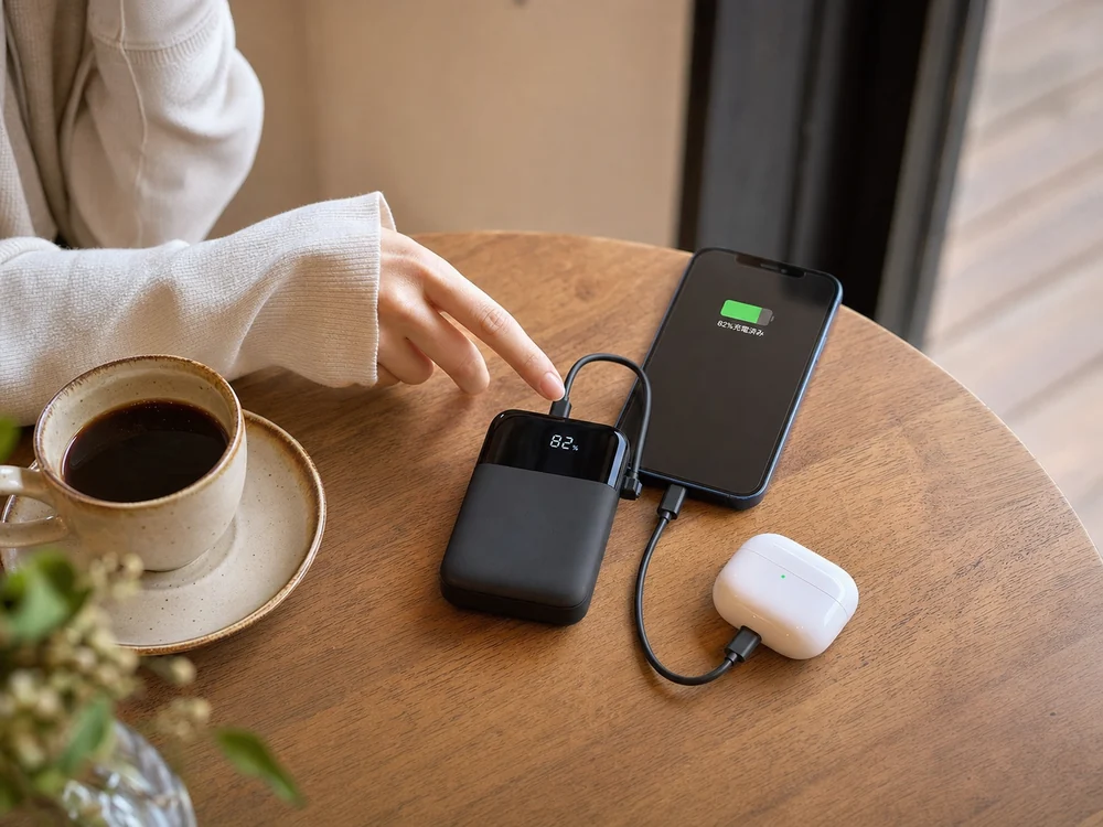 カフェの短い休憩でスマートフォンとイヤホンを同時に充電する様子