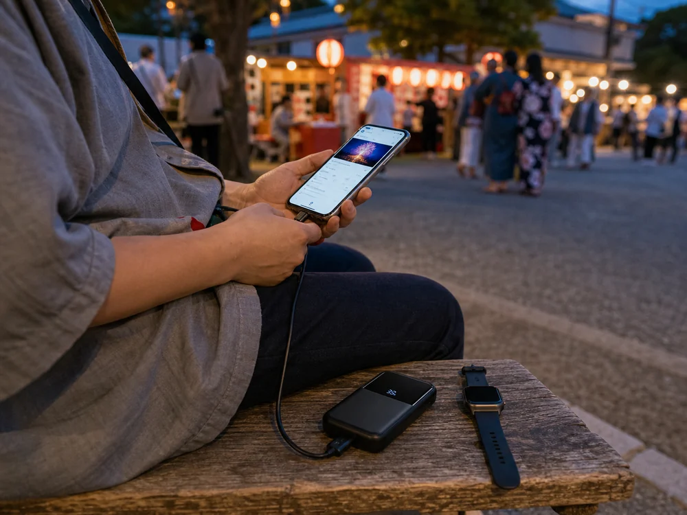 長時間の外出中にスマートフォンと小型機器の電池残量を補う様子