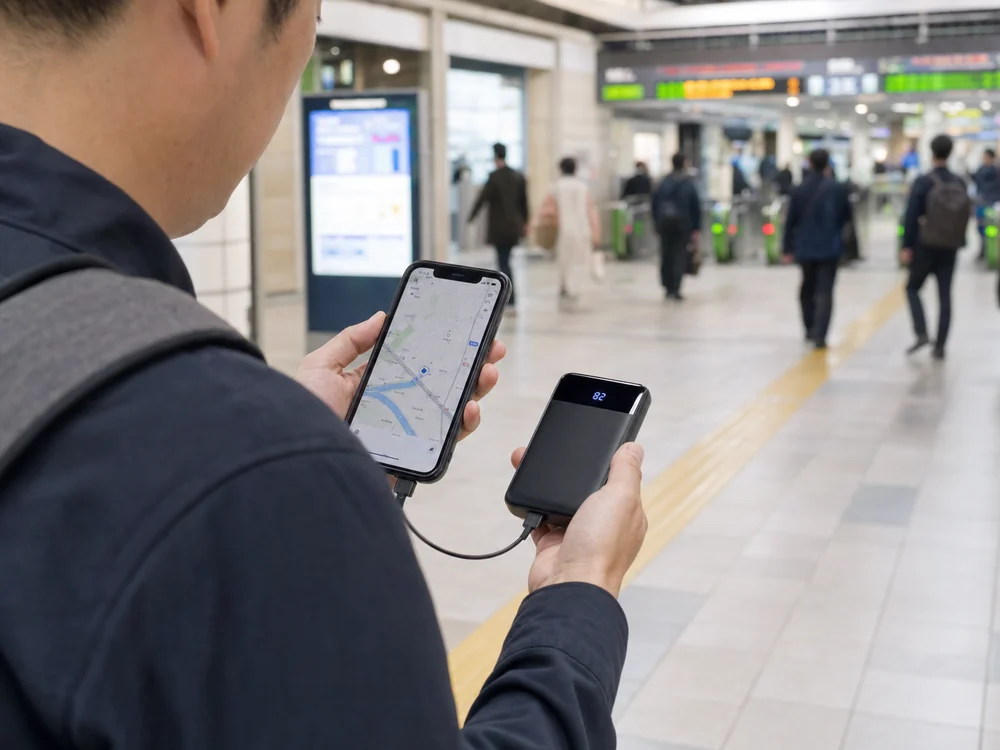 駅のコンコースでスマートフォンを確認しながら小型モバイルバッテリーを使う様子