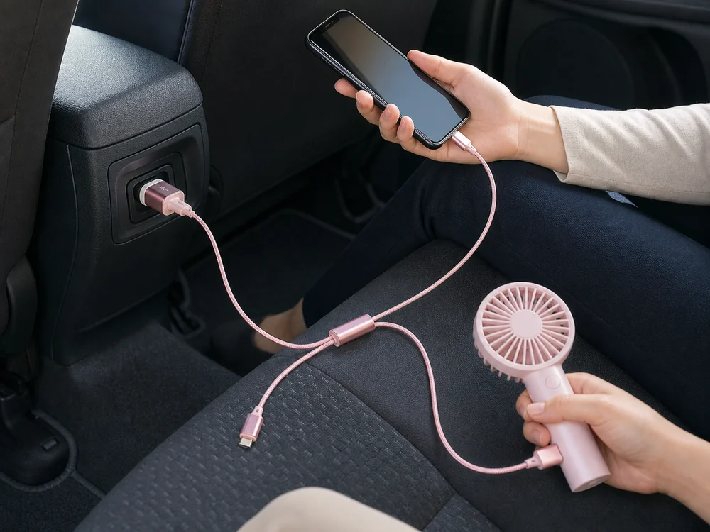 車の後部座席でスマホと携帯扇風機を充電するローズゴールドの3in1ケーブル