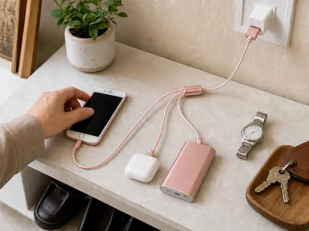玄関の棚でスマホとイヤホンケースとモバイルバッテリーを充電するローズゴールドの3in1ケーブル