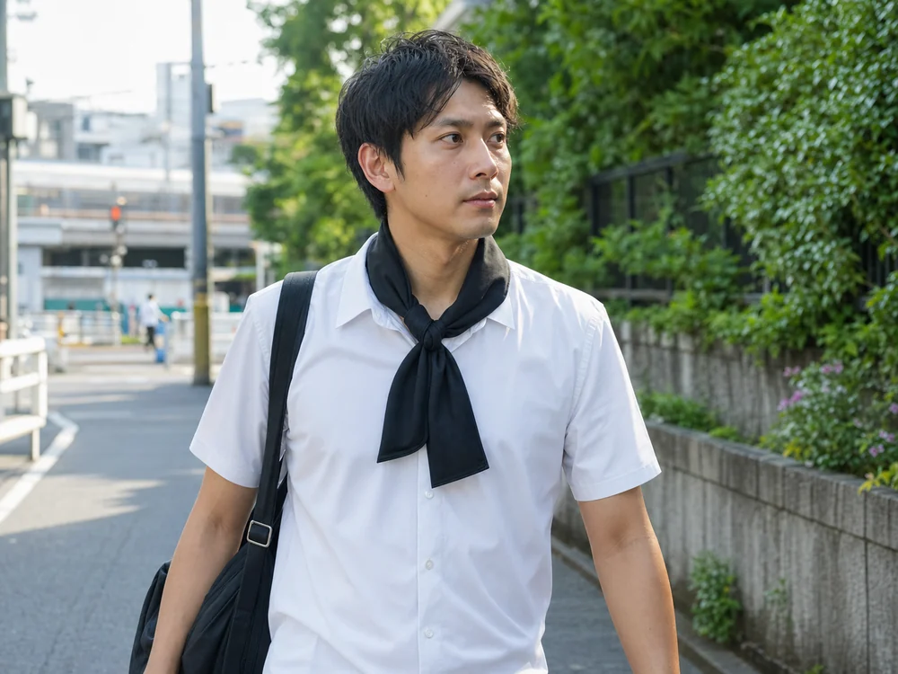 黒いスカーフ型ネックアイスを首に結び駅へ歩く通勤者