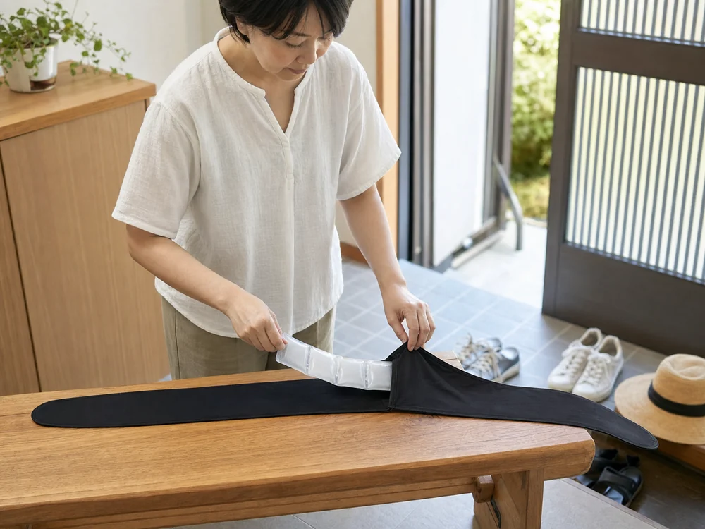 玄関で4連保冷剤を黒いネックアイスの布カバーへ入れる様子