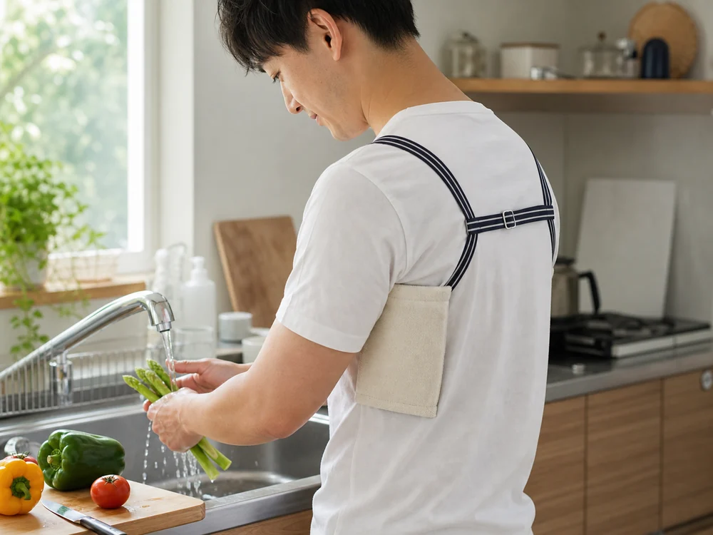 キッチンで両脇に冷却ホルダーを装着して家事をする人