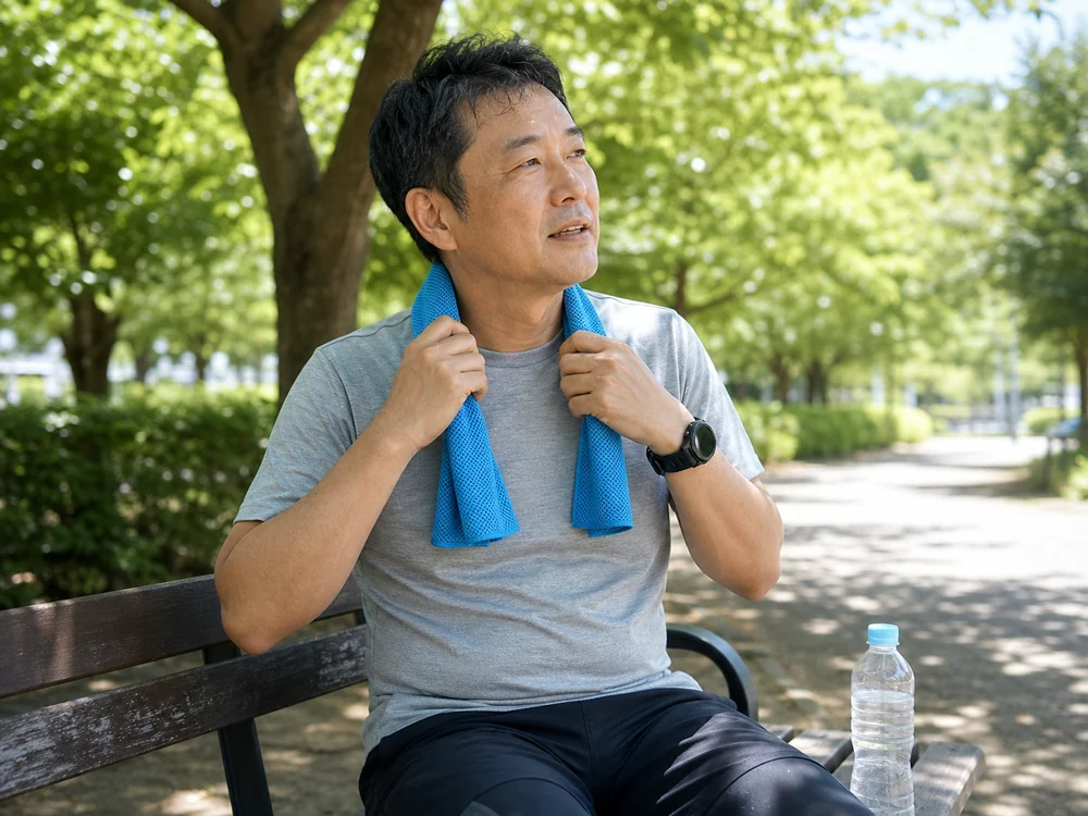 夏の公園で青いメッシュ冷感タオルを首に掛けて休む男性