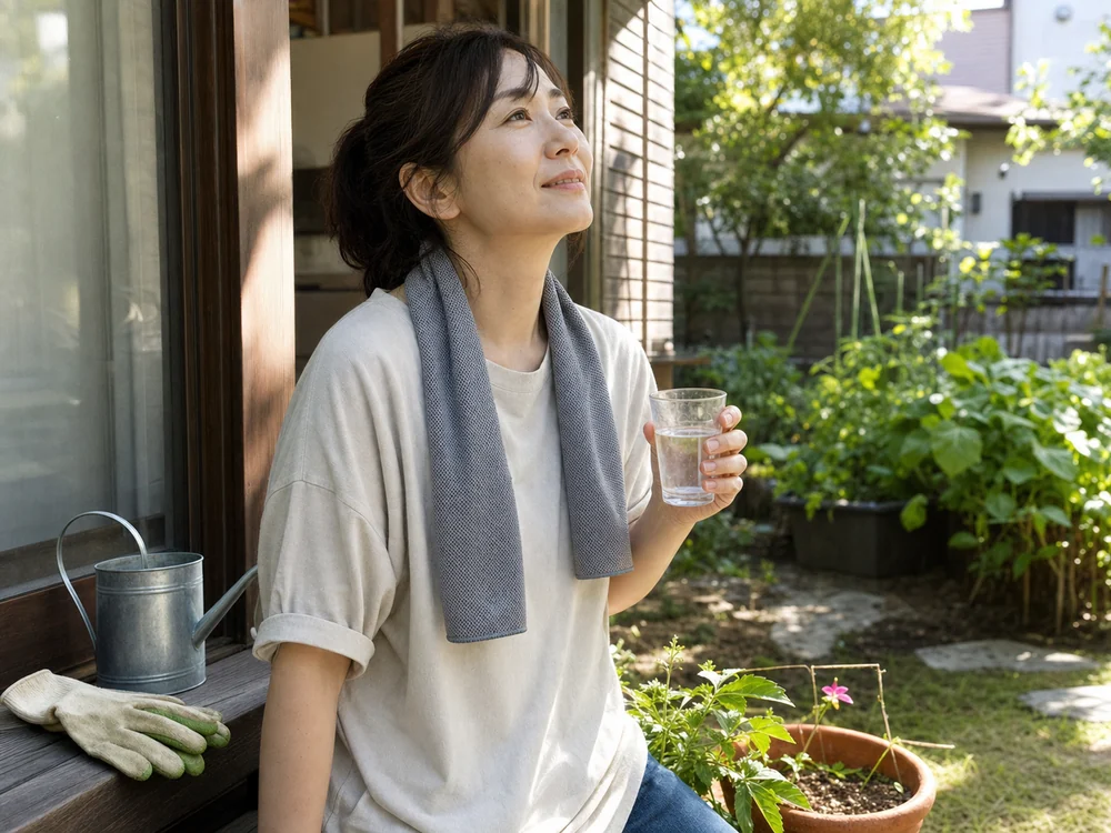 夏の庭仕事の休憩中にグレーの冷感タオルを首に掛ける女性