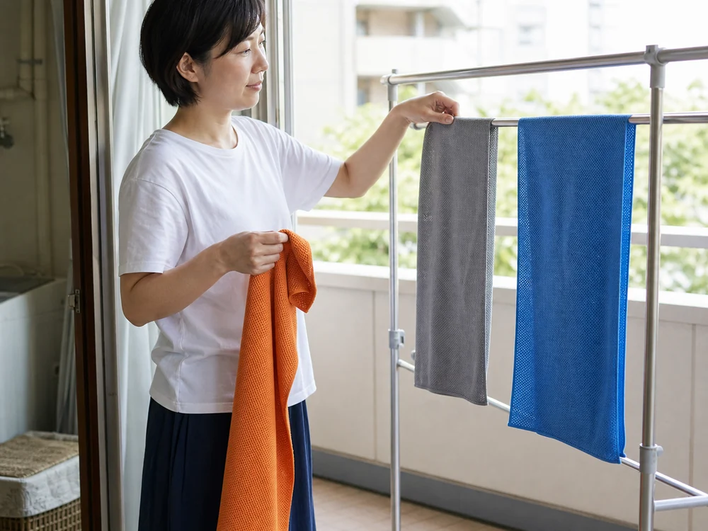 青とグレーの冷感タオルを干しオレンジを手にする女性