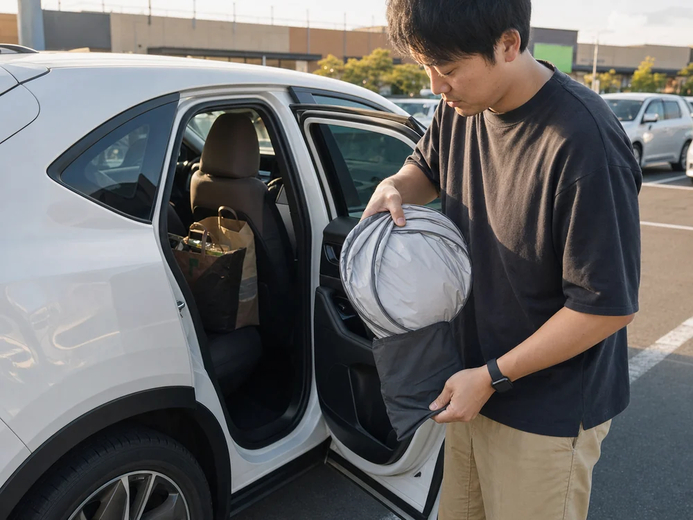 駐車場で折り畳み式サンシェードをコンパクトにまとめる様子