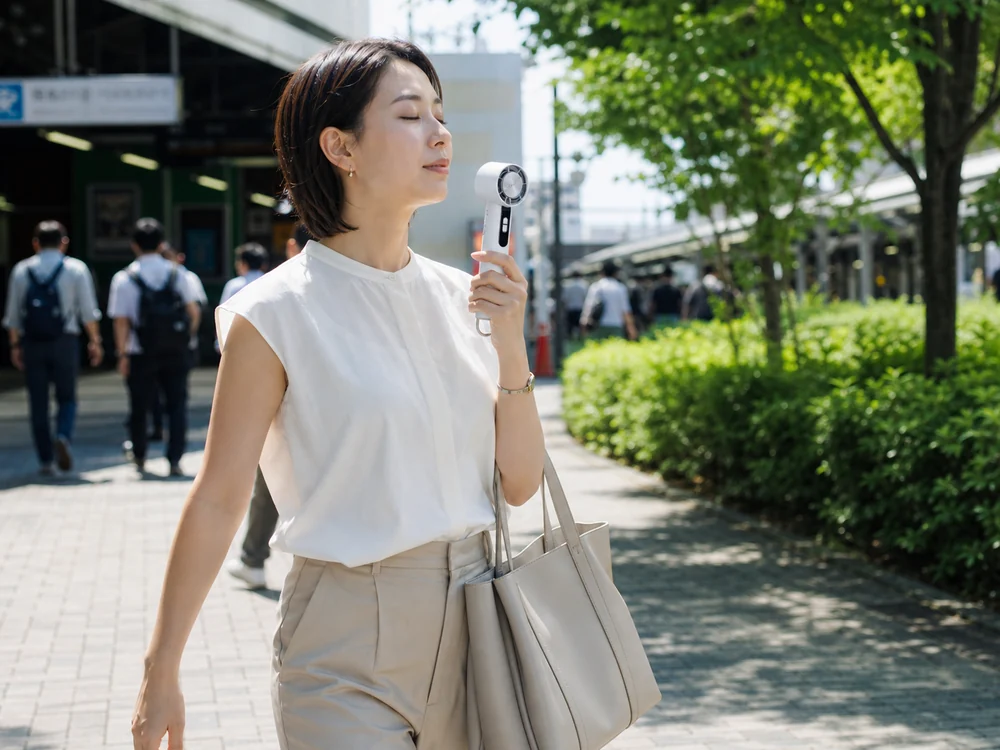 夏の通勤途中に白い冷却プレート付きハンディファンで風を送る様子