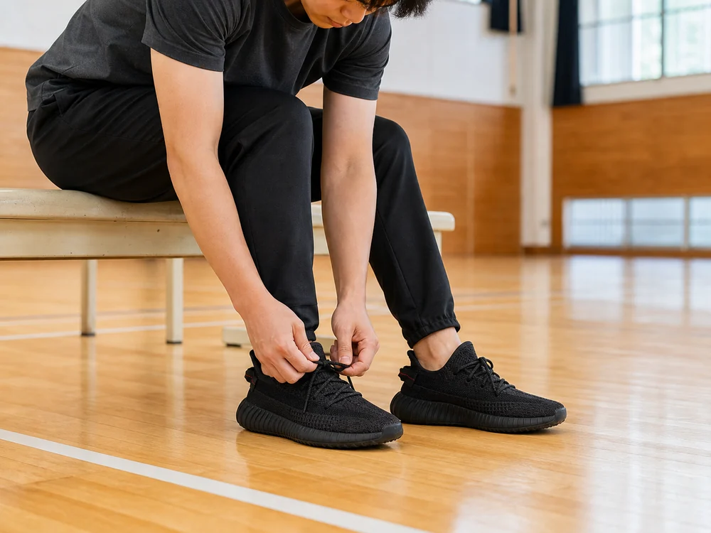 体育館で黒いメッシュスニーカーの靴紐を結ぶ様子