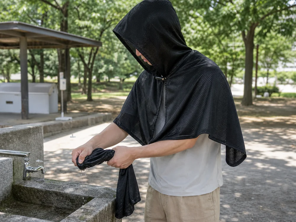 屋外の水場で黒い冷感ポンチョを濡らして絞る様子