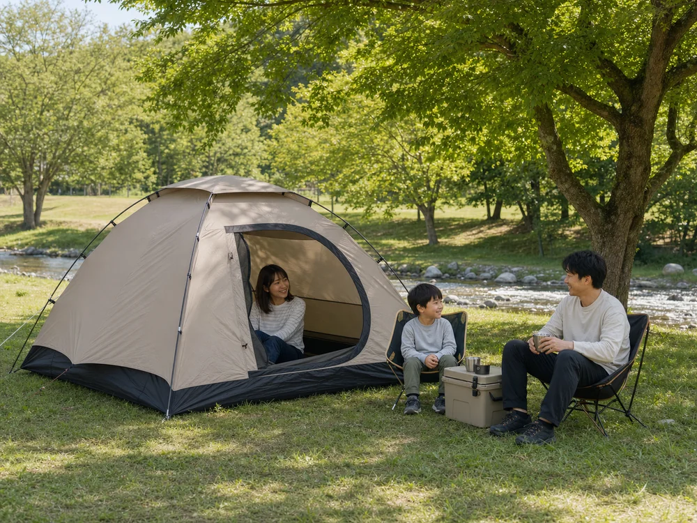 公園のデイキャンプで日よけとして使うベージュのワンタッチテント