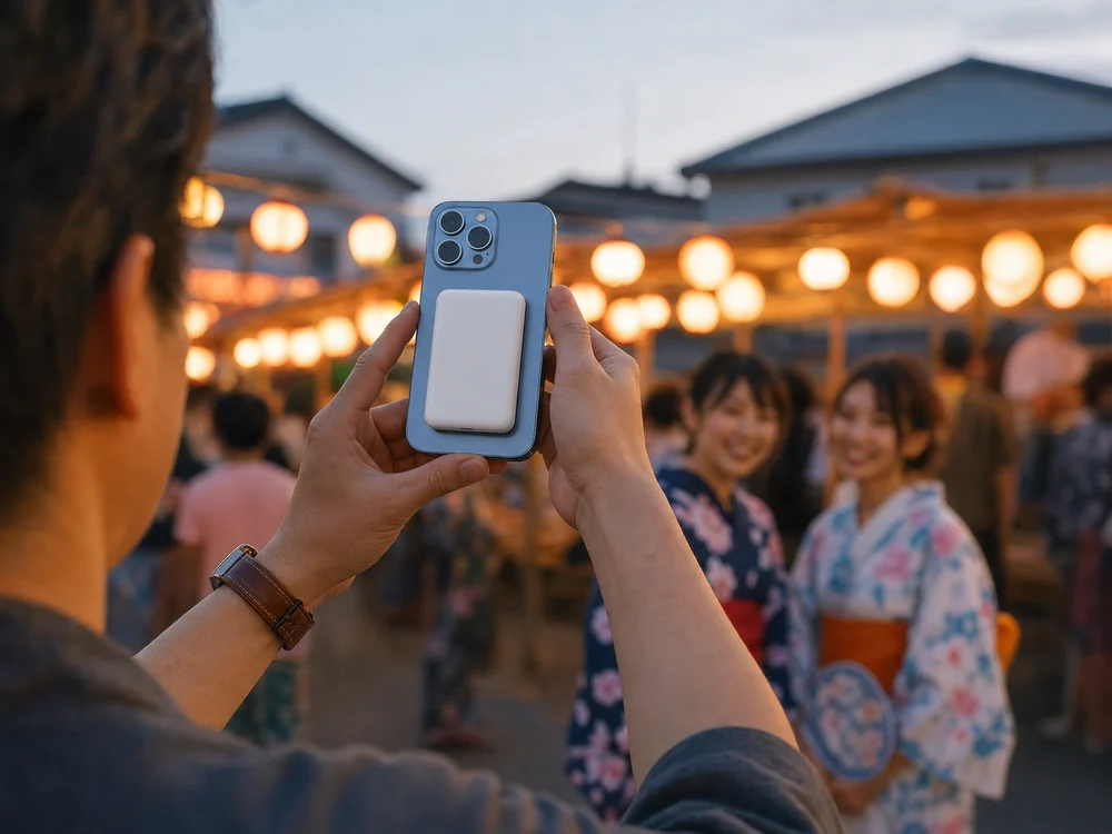 夕方の屋外イベントで白い磁気式モバイルバッテリーを付けたiPhoneで写真を撮る様子