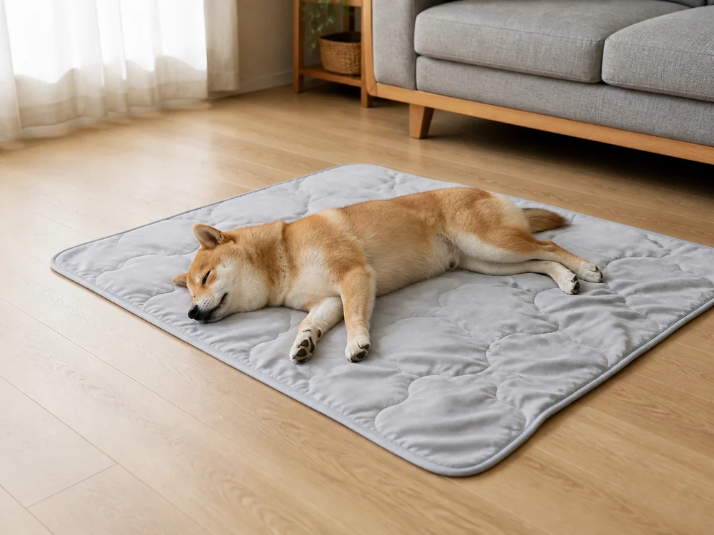 リビングの床に敷いたライトグレーの冷感マットで横になる犬