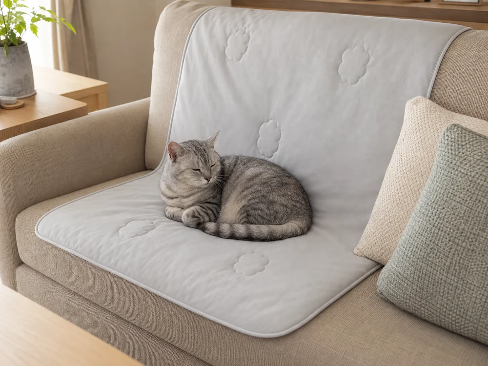 ソファに敷いたライトグレーの冷感マットでくつろぐ猫
