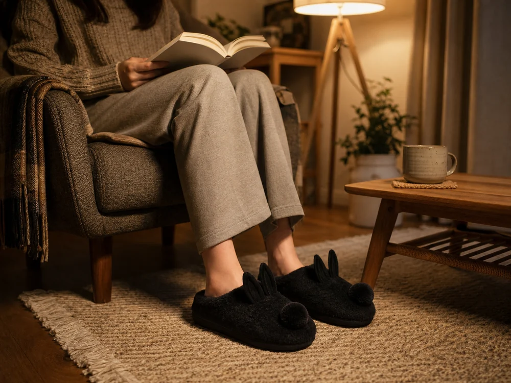 黒いうさぎ風ルームシューズを履いて夜に読書を楽しむ室内