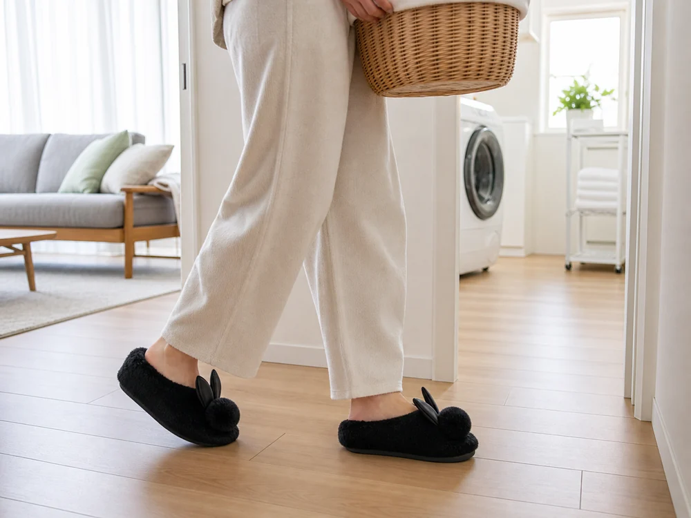 黒いうさぎ風ルームシューズを履いて洗濯かごを運ぶ室内の様子