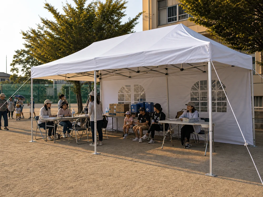 地域イベントの受付と休憩場所に使う白い大型ワンタッチタープ