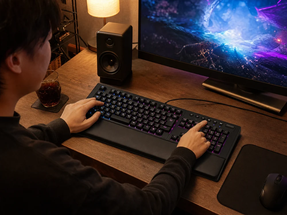 RGBが光るG213rでゲーム中にメディア操作をする手元