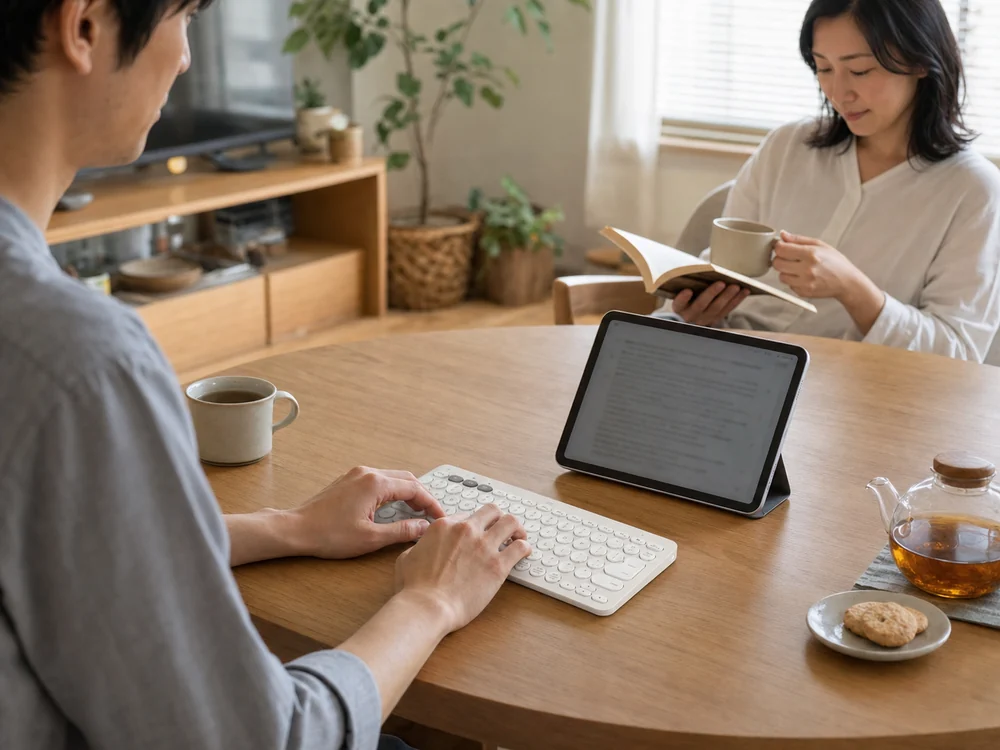 共有リビングでタブレットとコンパクトキーボードを使う様子