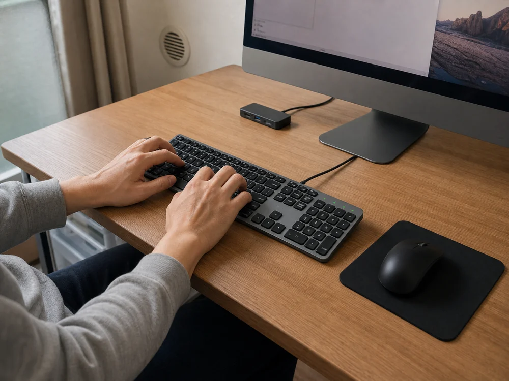 有線フルサイズキーボードとマウスをコンパクトな机に置いて作業する様子