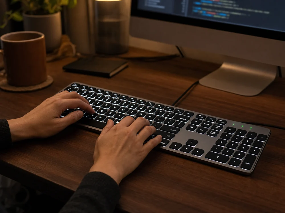 暗い部屋で白色バックライトの有線フルサイズキーボードを両手で打つ様子