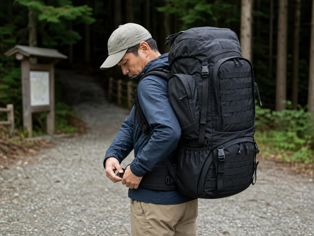 登山口で黒い大型バックパックの腰ベルトを調整する人