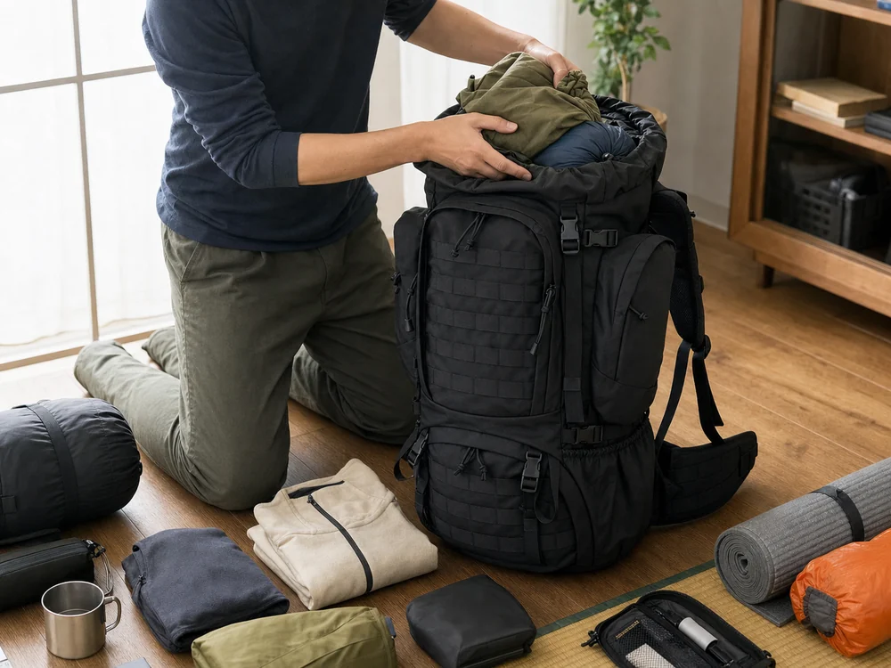 床に広げたキャンプ用品を黒い60Lバックパックへ詰める様子