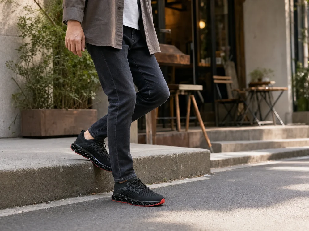 黒いデニムに黒と赤のスポーティーなスニーカーを合わせて街を歩く男性