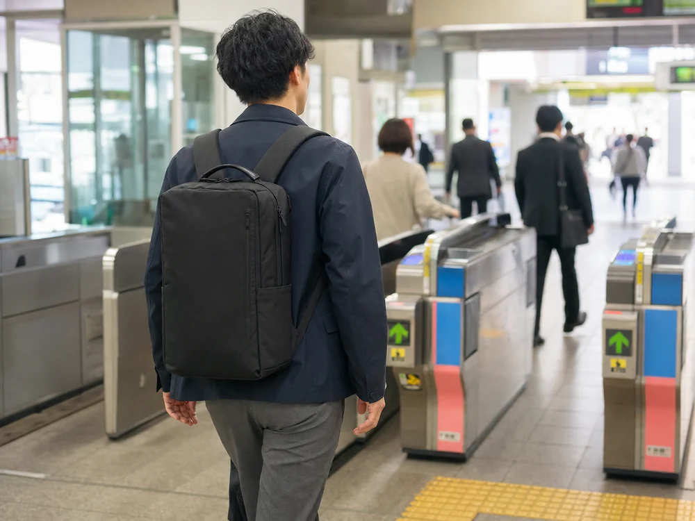 駅の改札へ向かう人が薄い状態の黒いEXP 20+を背負う様子