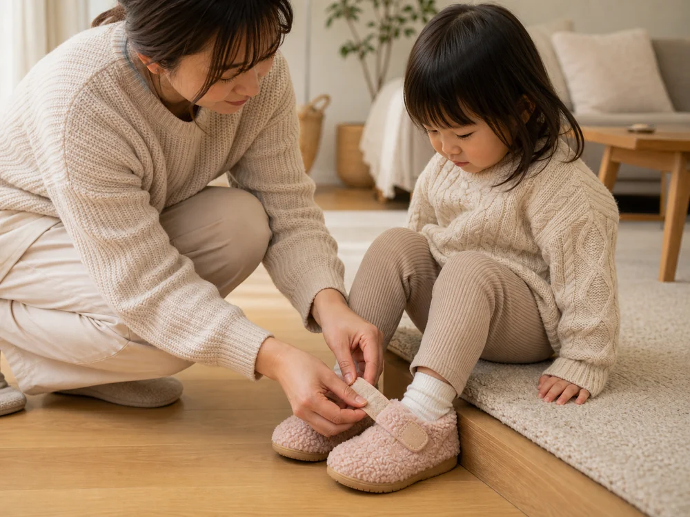 ベルクロ付きのキッズルームシューズを足に合わせて留める様子のイメージ