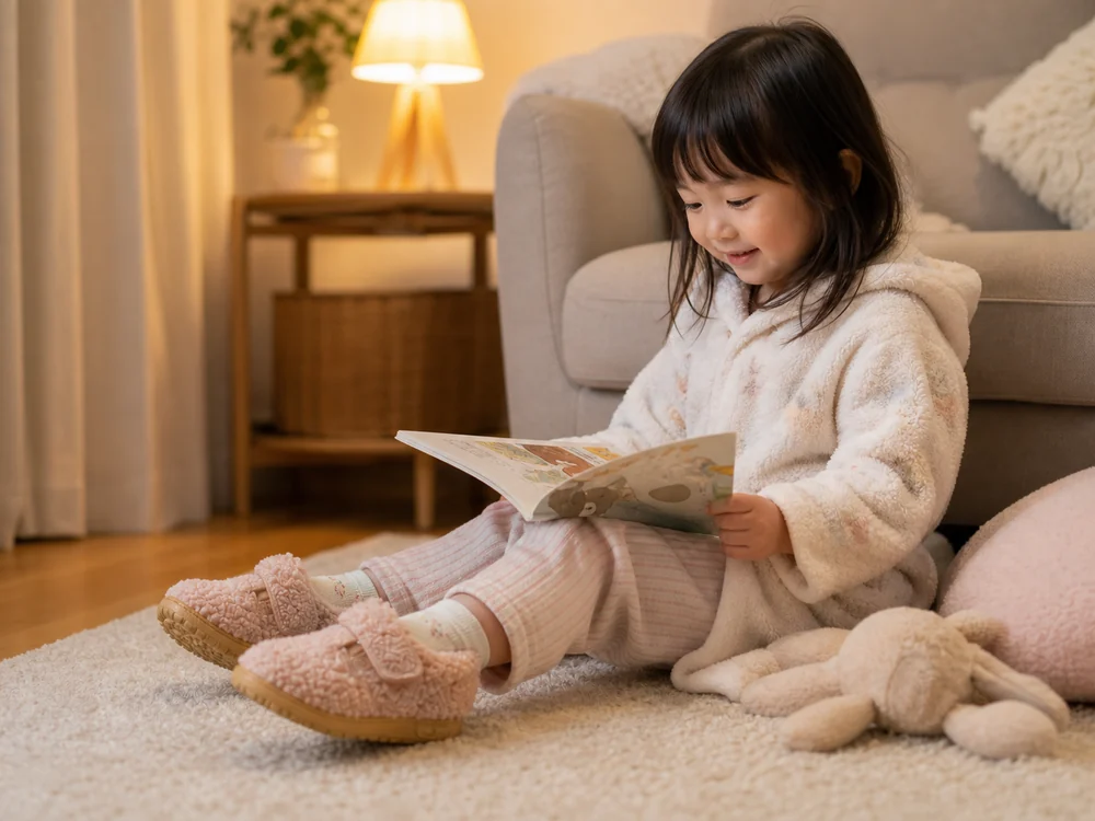 冬の室内でくつろぎながら暖かいルームシューズを履く子どものイメージ