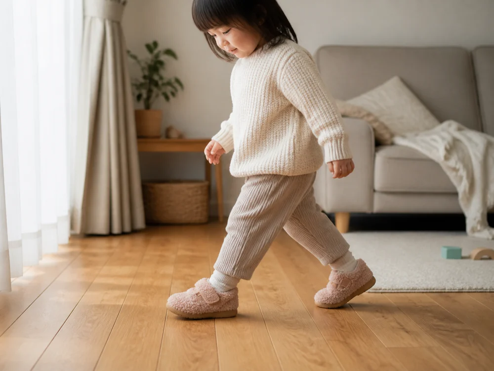 もこもこしたキッズルームシューズを履いて冬のフローリングを歩く子どものイメージ