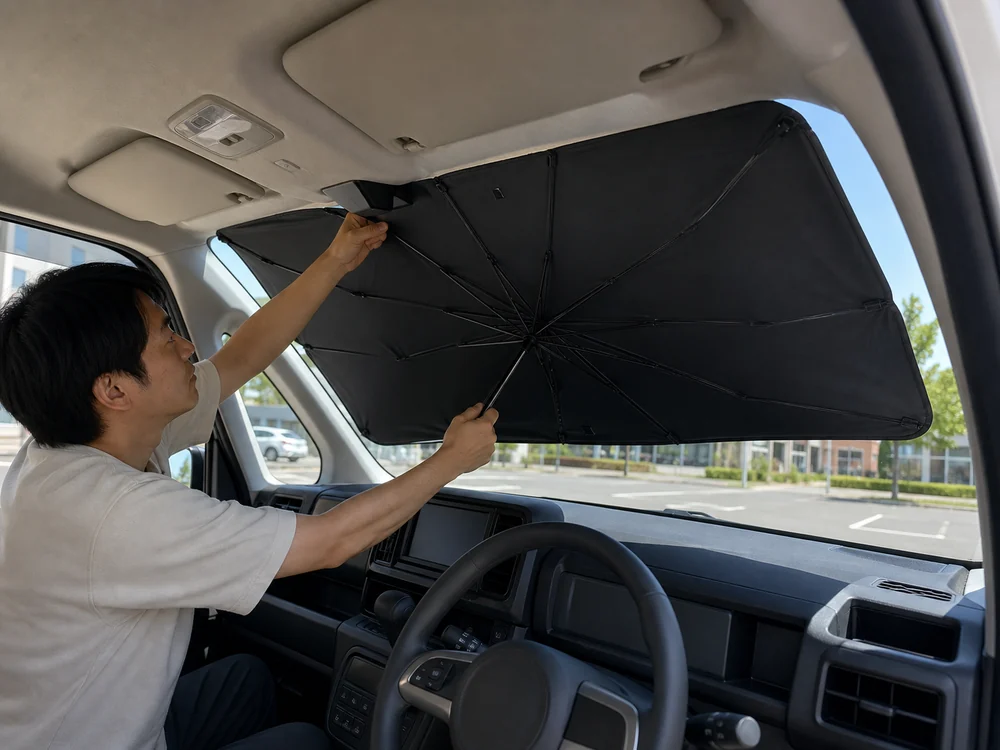 停車中の軽スーパーハイトワゴンで傘型サンシェードを開く様子