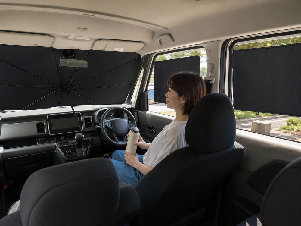 フロントとサイドのサンシェードを使って駐車中に休憩する車内