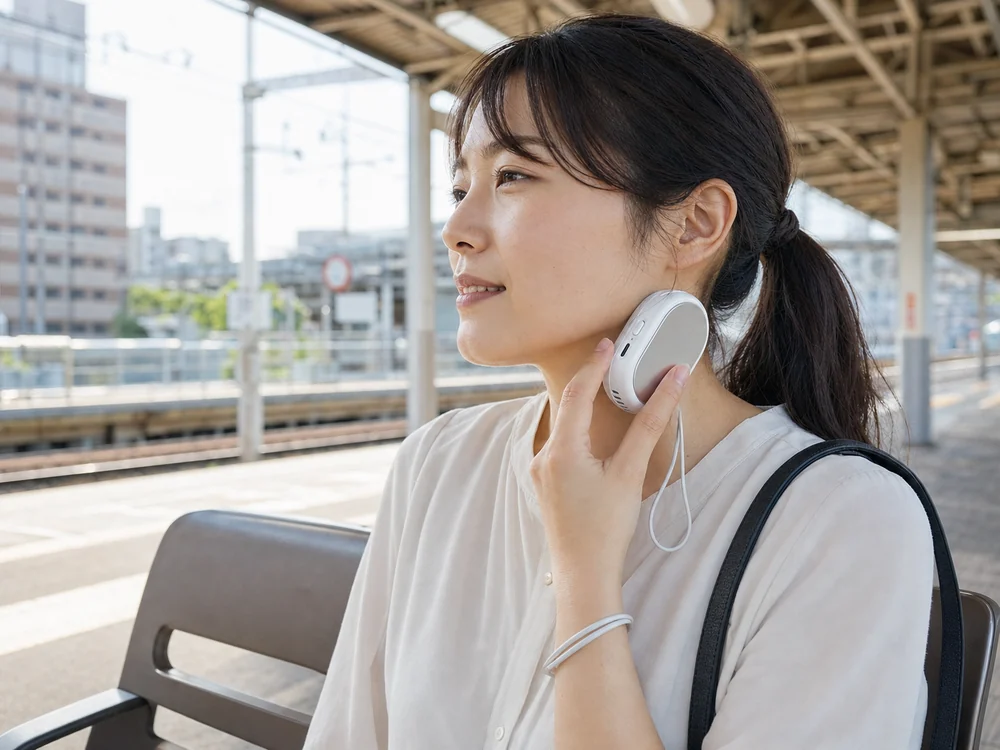 夏の駅ホームでMOOLOTY冷却プレートを首筋に当てる様子