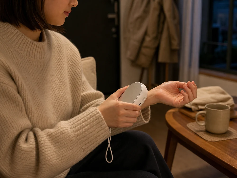 冬の帰宅後に温熱プレートを手首へ当てようとする様子