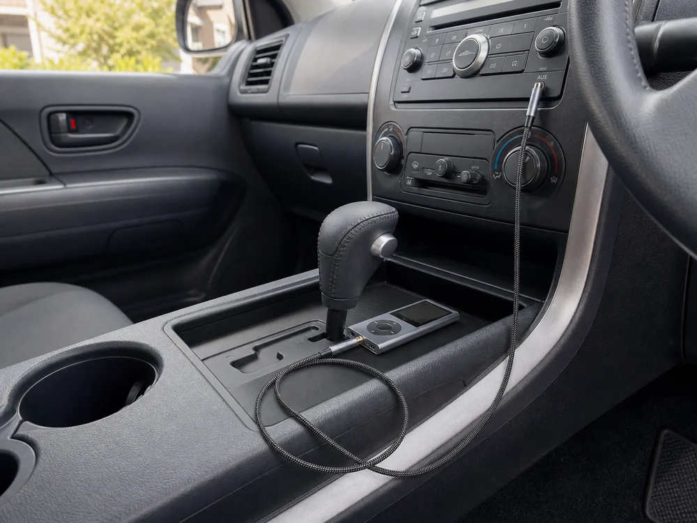 3.5mm端子の音楽プレーヤーと車載オーディオをAUXケーブルでつないだ様子