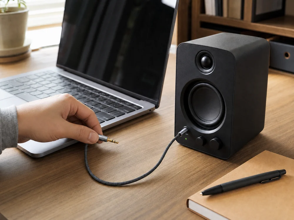 3.5mm端子のあるノートPCと小型スピーカーをAUXケーブルで接続する手元