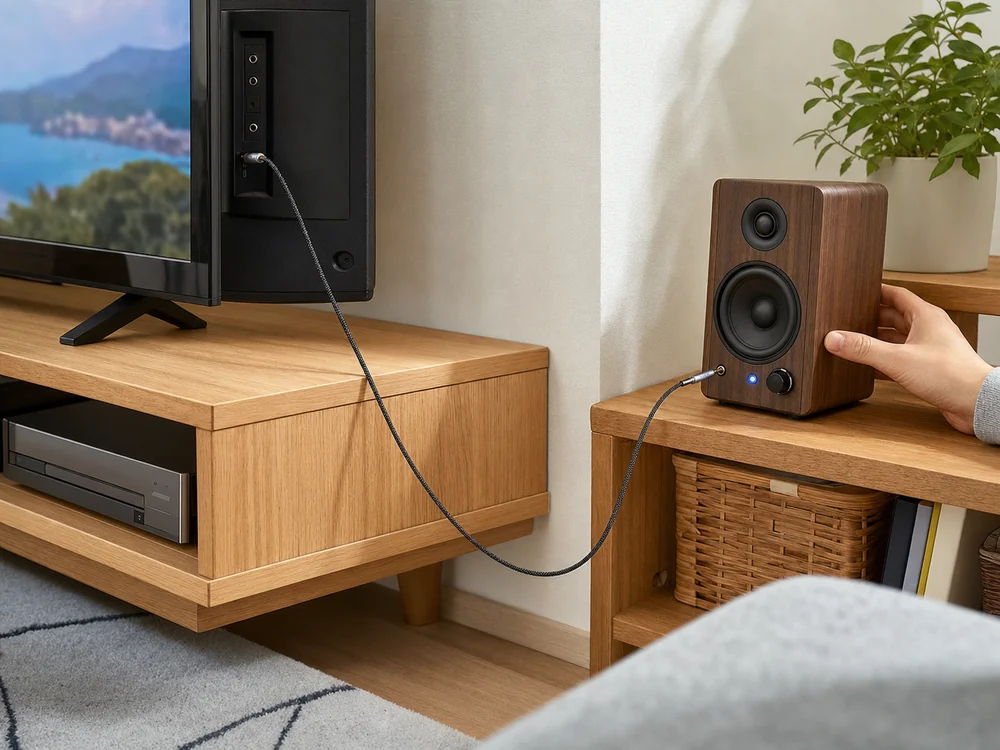テレビと離して置いたアクティブスピーカーを2mのAUXケーブルでつないだ様子