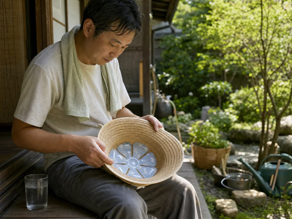 庭作業の休憩中に帽子内の冷却パッドを確認する大人
