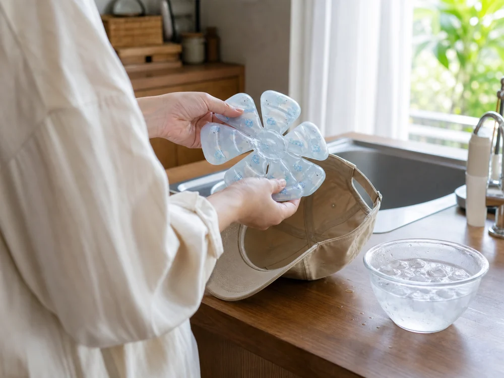 氷水で冷やした花びら形の帽子用冷却パッドをキャップに収める手元